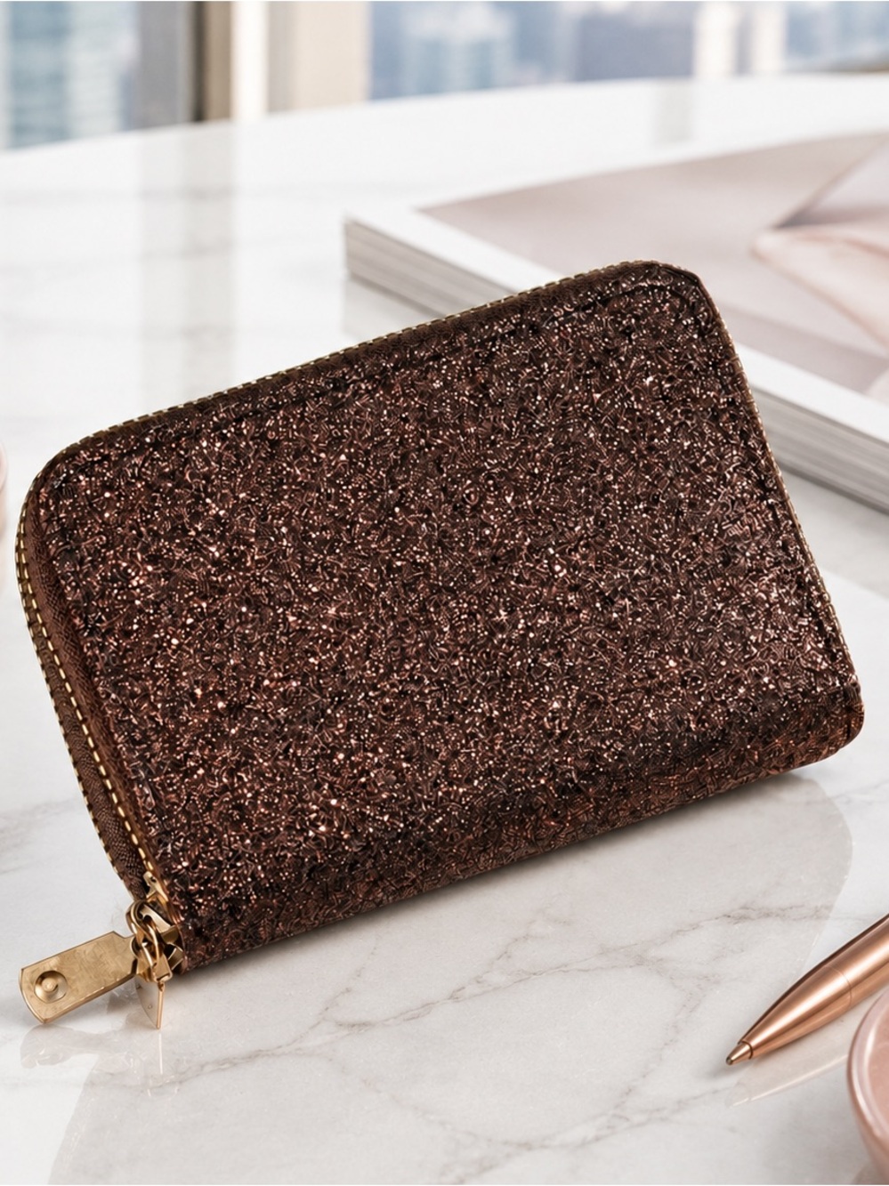 Brown Glitter Wallet Double Zipper Accordion Card Holder Coin Purse Womens NEW